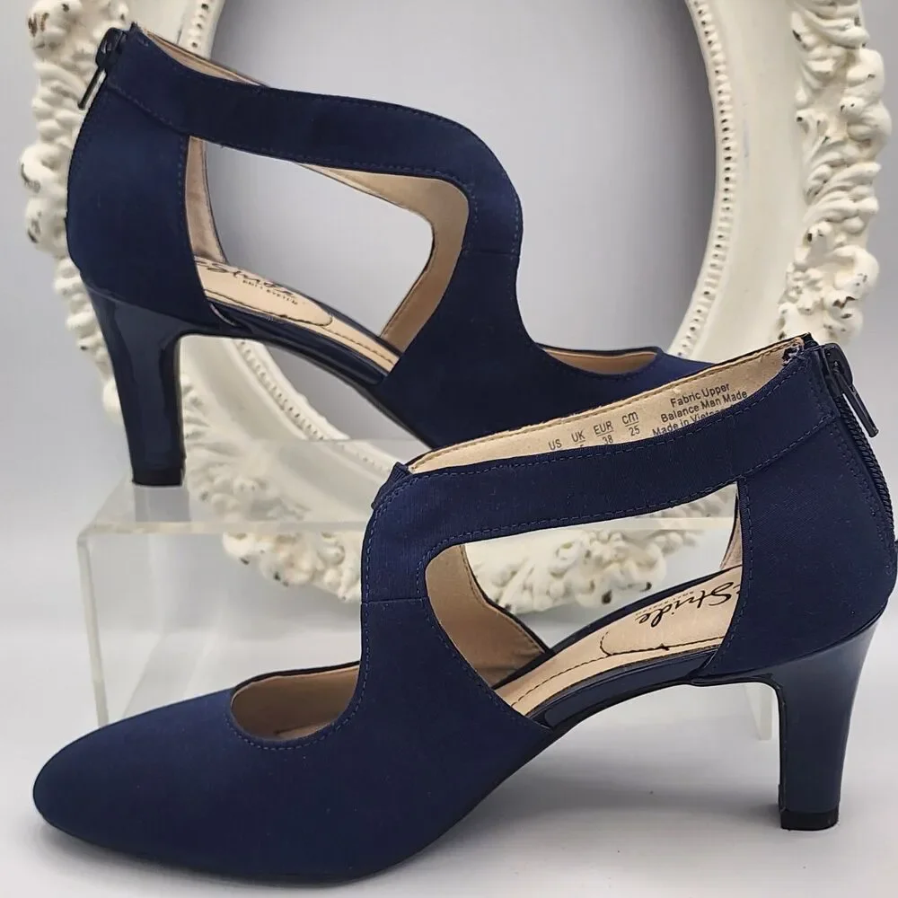 8.5M LifeStride Navy Strappy Closed Toe Pumps Giovanna 2  Zipper Back 2-5/8